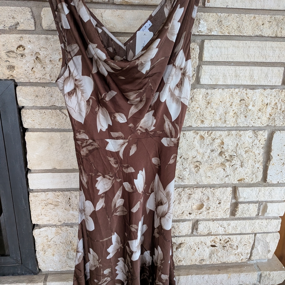 Women's Brown Floral Cowl Neck Midi Dress
